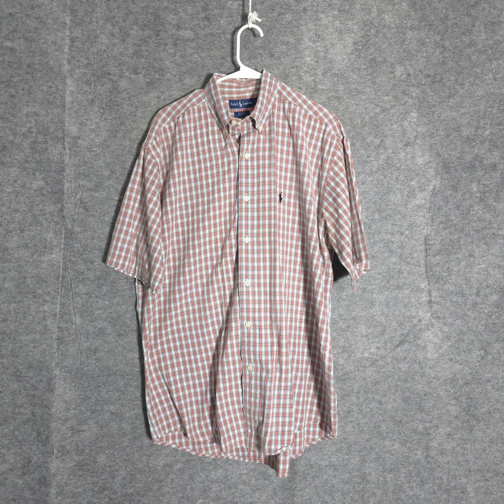 Ralph Lauren Blake Shirt Men L Orange Blue Plaid Short Sleeve Cotton Button Down
